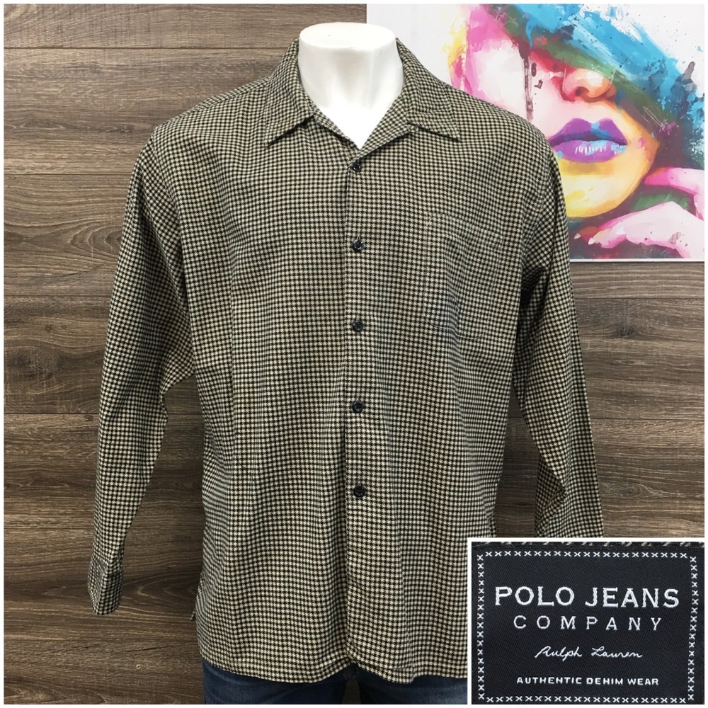 Polo Jeans Ralph Lauren Mens XL Houndstooth Cotton Shirt Loop Collar (SPOTS)
